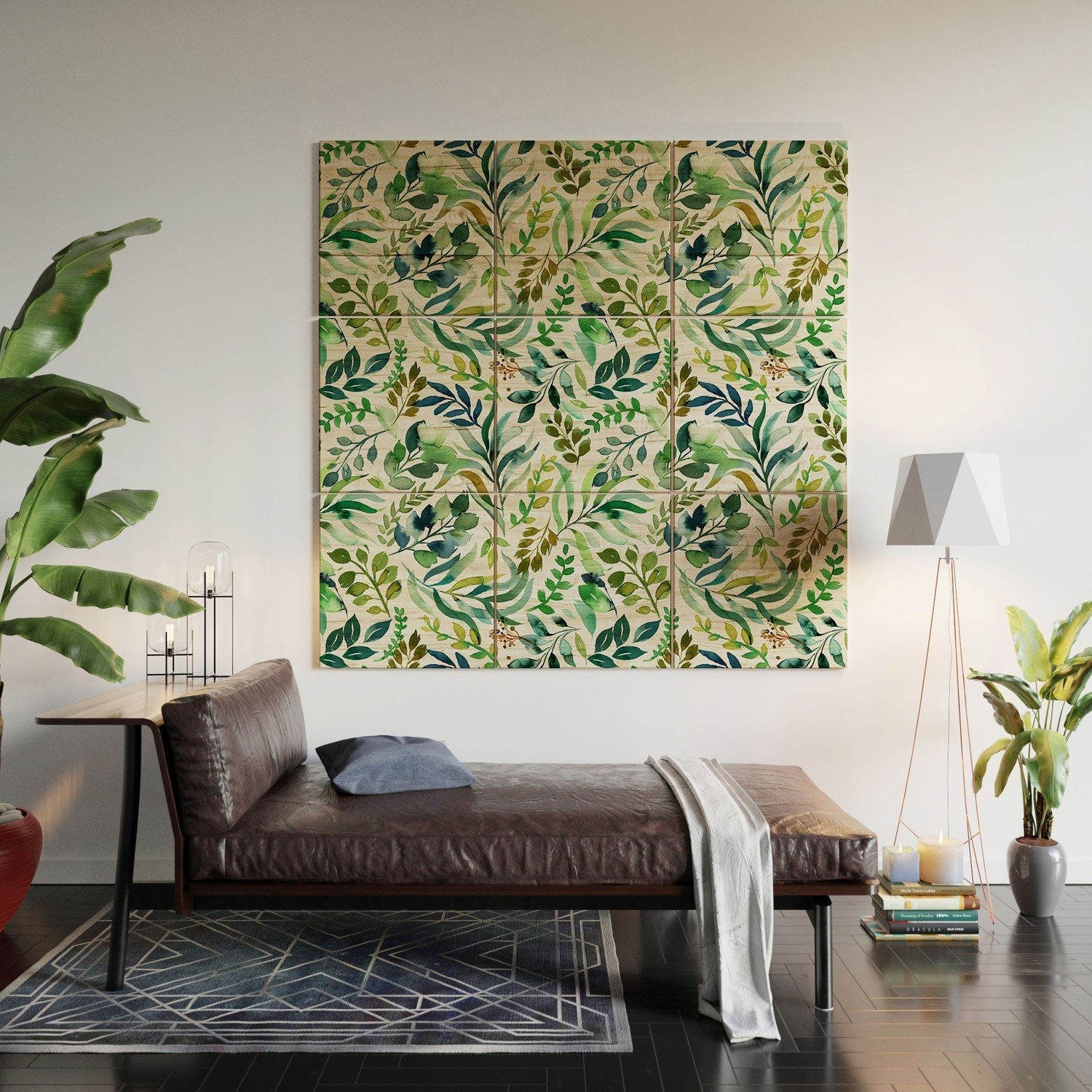 Ninola Design Botanic Retreat Loose Botanical Leaves Watercolor Green Wood Wall Mural