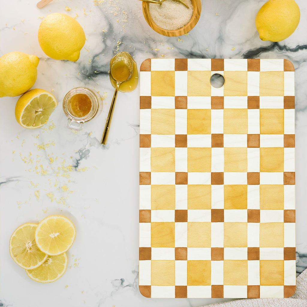 Ninola Design Everyday Artifact Checker Mosaic Tiles Geometry Yellow Cutting Board Rectangle