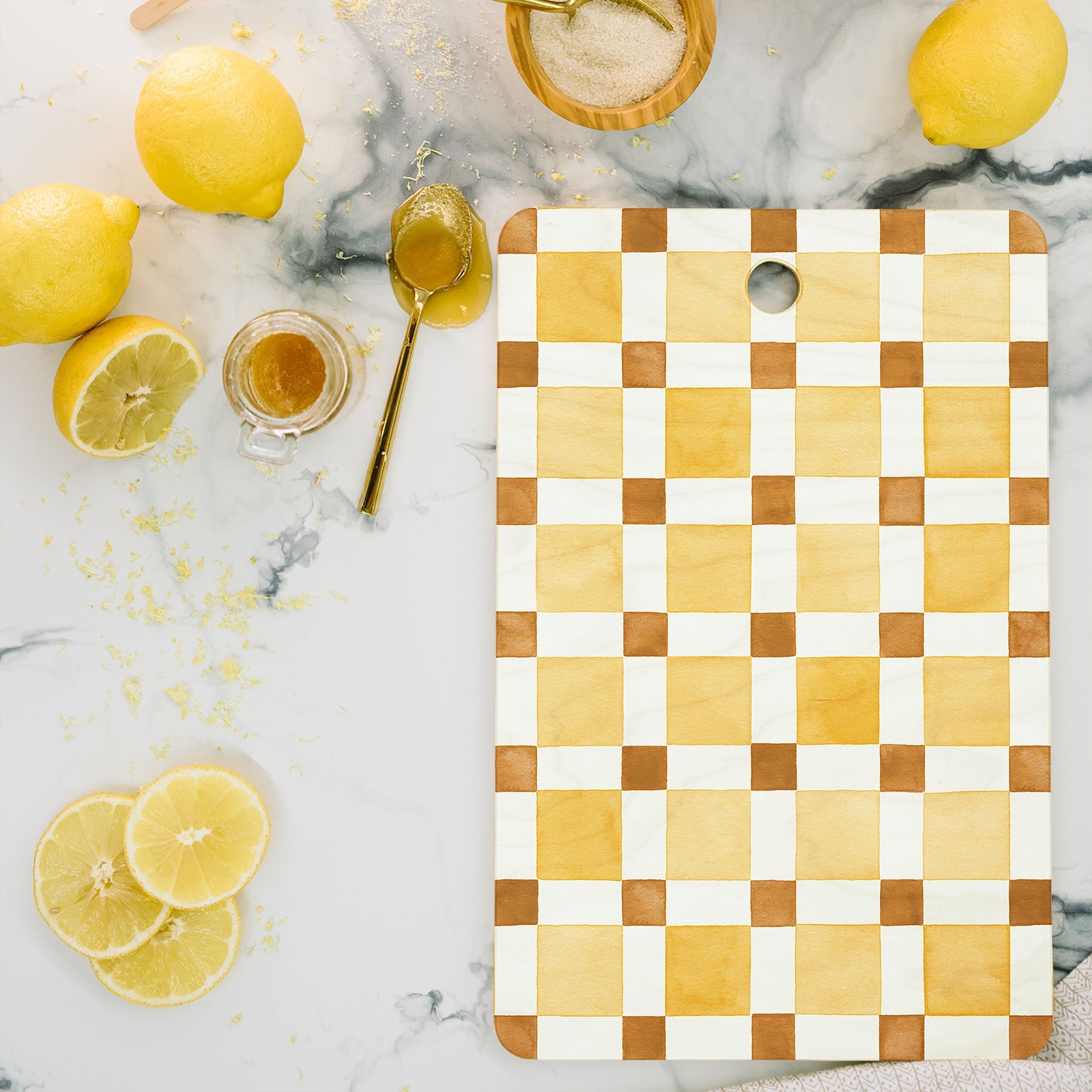 Ninola Design Everyday Artifact Checker Mosaic Tiles Geometry Yellow Cutting Board Rectangle