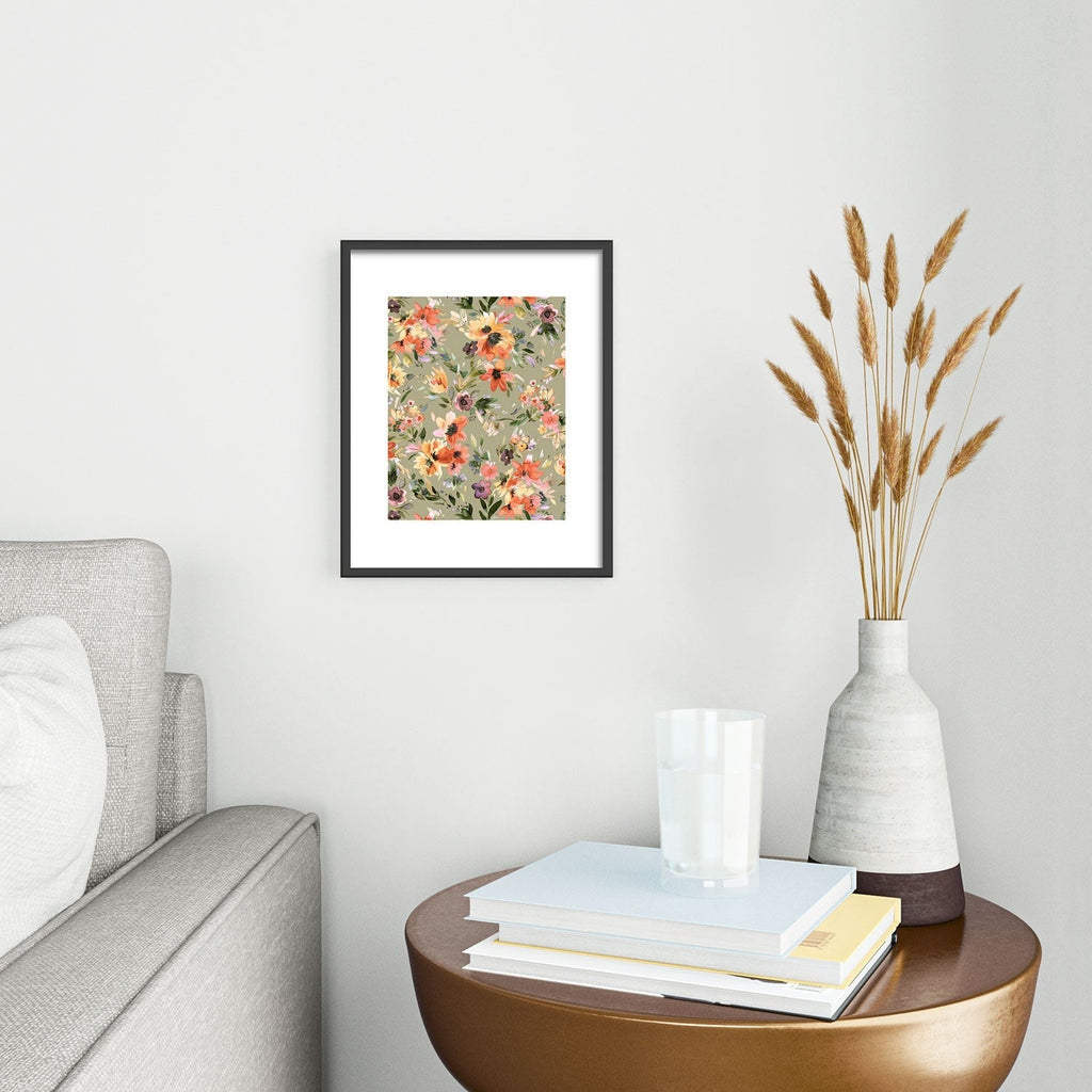 Ninola Design Botanic Retreat Painterly Tropical Flowers Sage Green Metal Framed Art Print