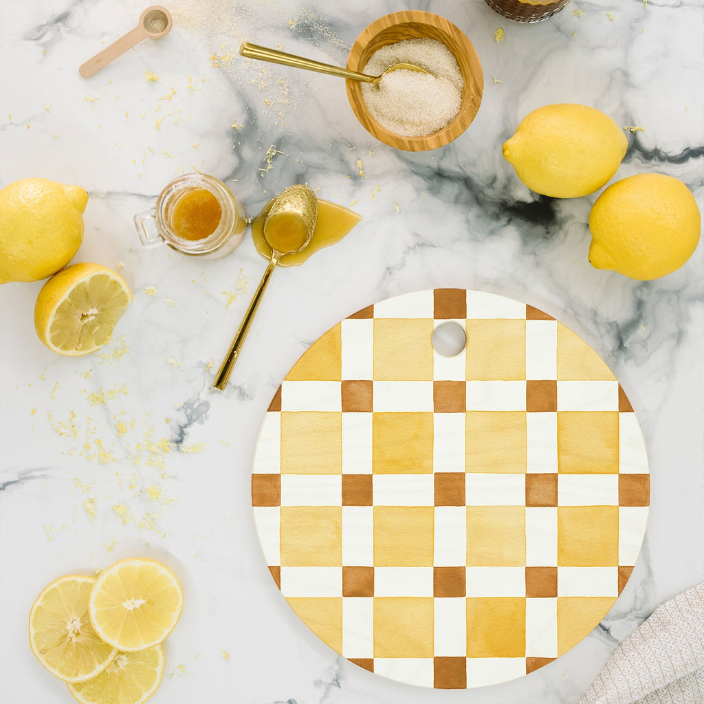 Ninola Design Everyday Artifact Checker Mosaic Tiles Geometry Yellow Cutting Board Round