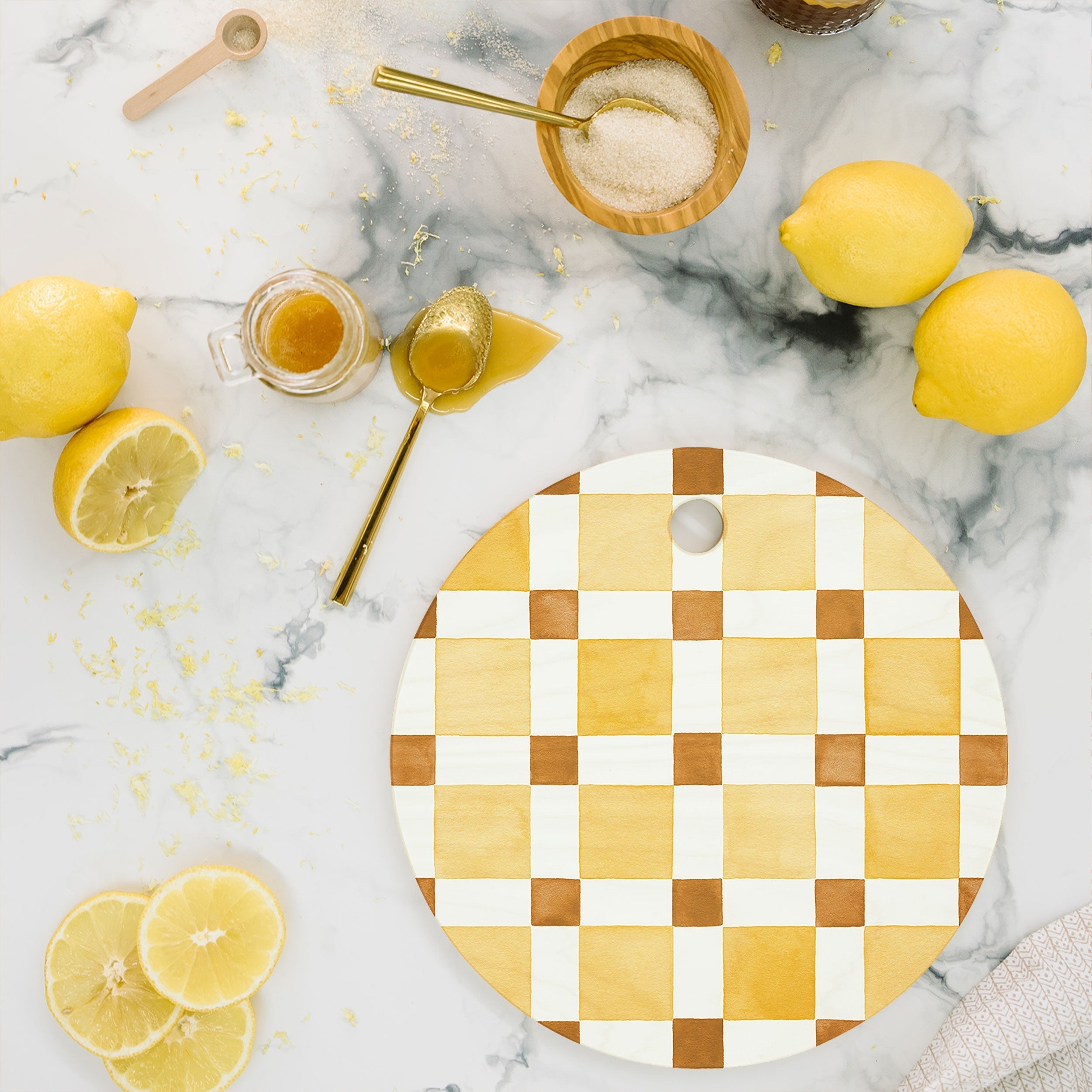 Ninola Design Everyday Artifact Checker Mosaic Tiles Geometry Yellow Cutting Board Round