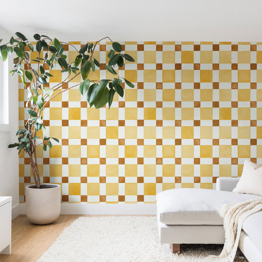 Ninola Design Everyday Artifact Checker Mosaic Tiles Geometry Yellow Wall Mural