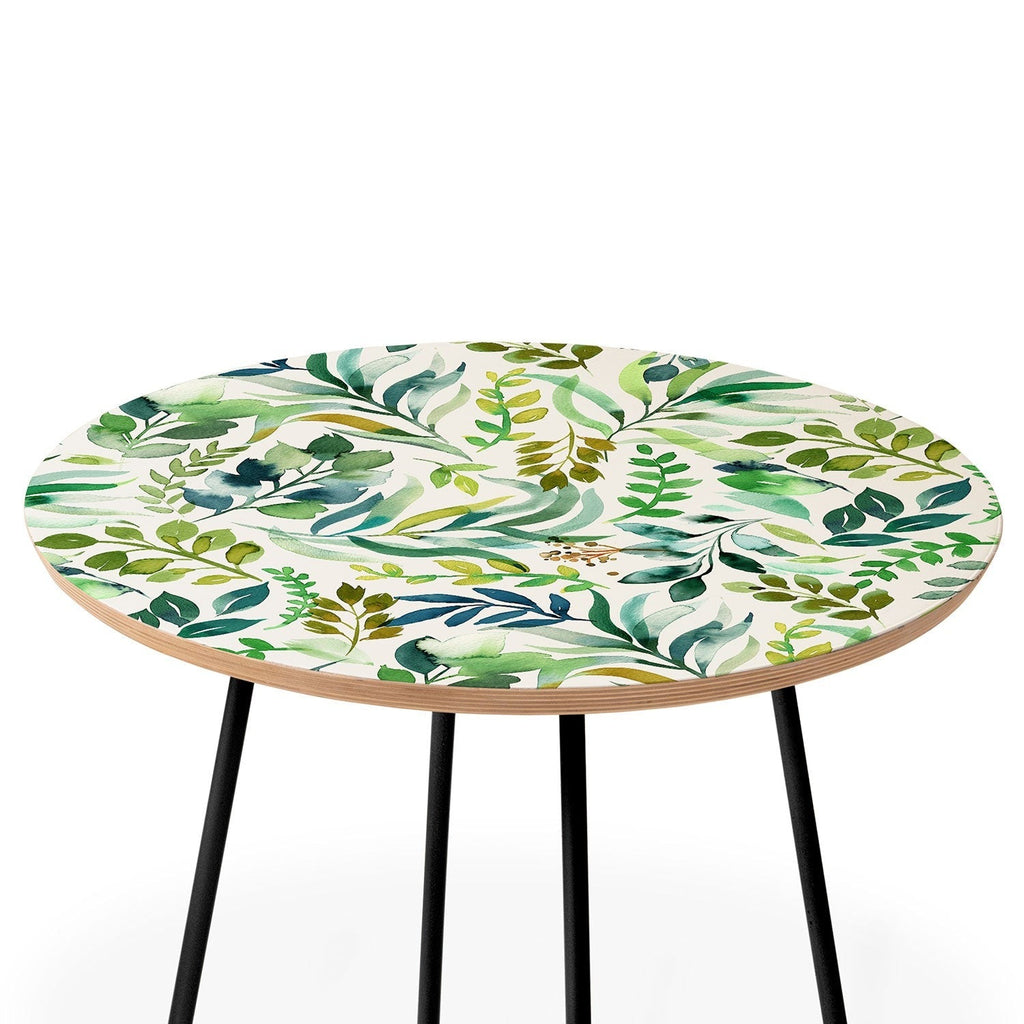 Ninola Design Botanic Retreat Loose Botanical Leaves Watercolor Green Round Side Table