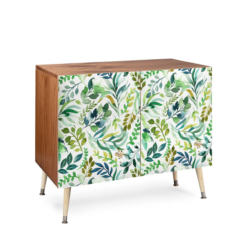 Ninola Design Botanic Retreat Loose Botanical Leaves Watercolor Green Credenza
