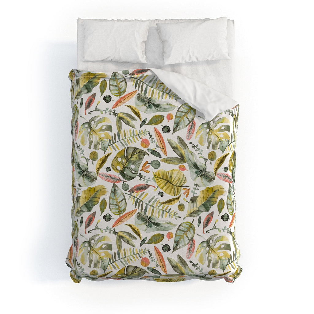 Ninola Design Botanic Retreat Tropical Jungle Leaves Botanical Green Orange Duvet Cover