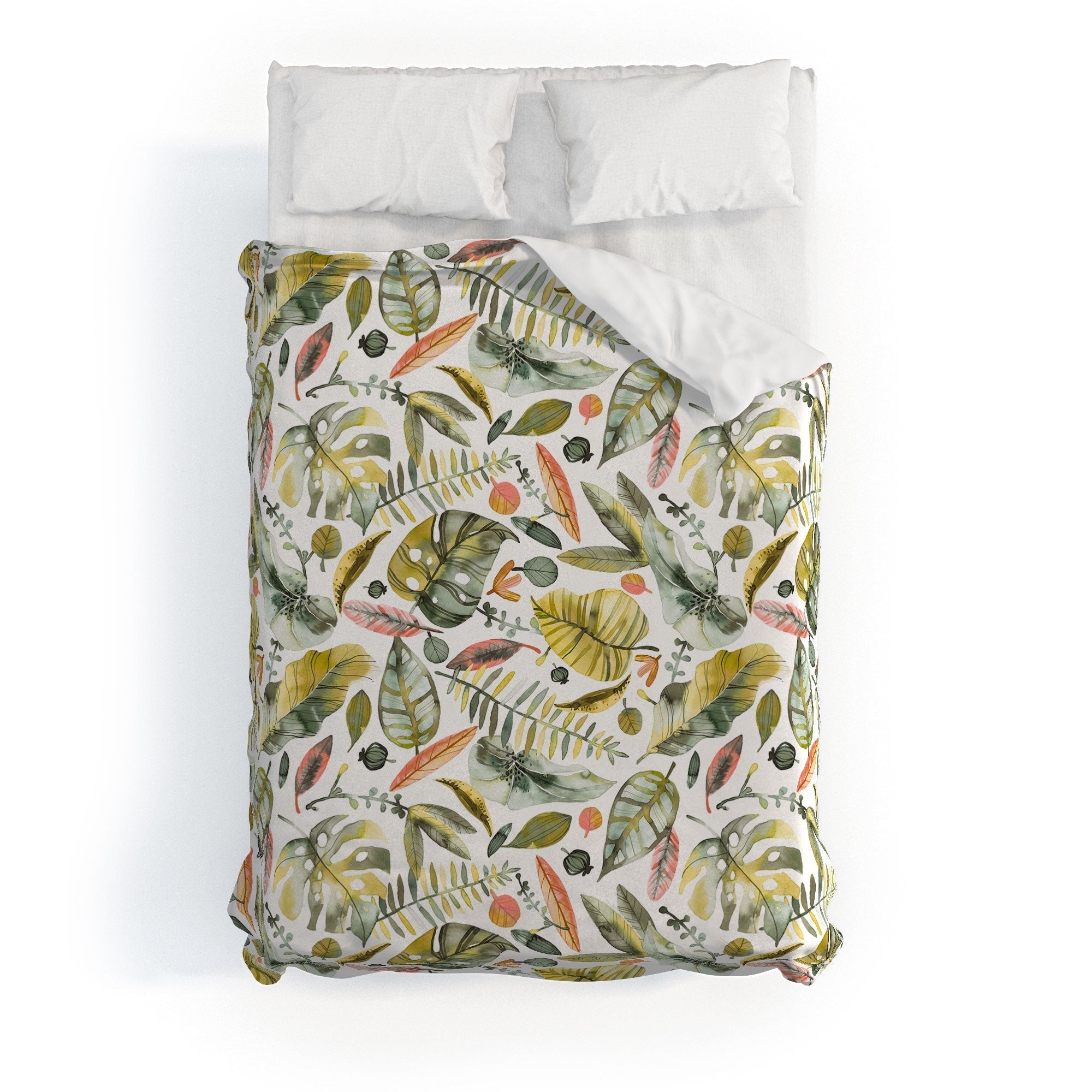 Ninola Design Botanic Retreat Tropical Jungle Leaves Botanical Green Orange Duvet Cover