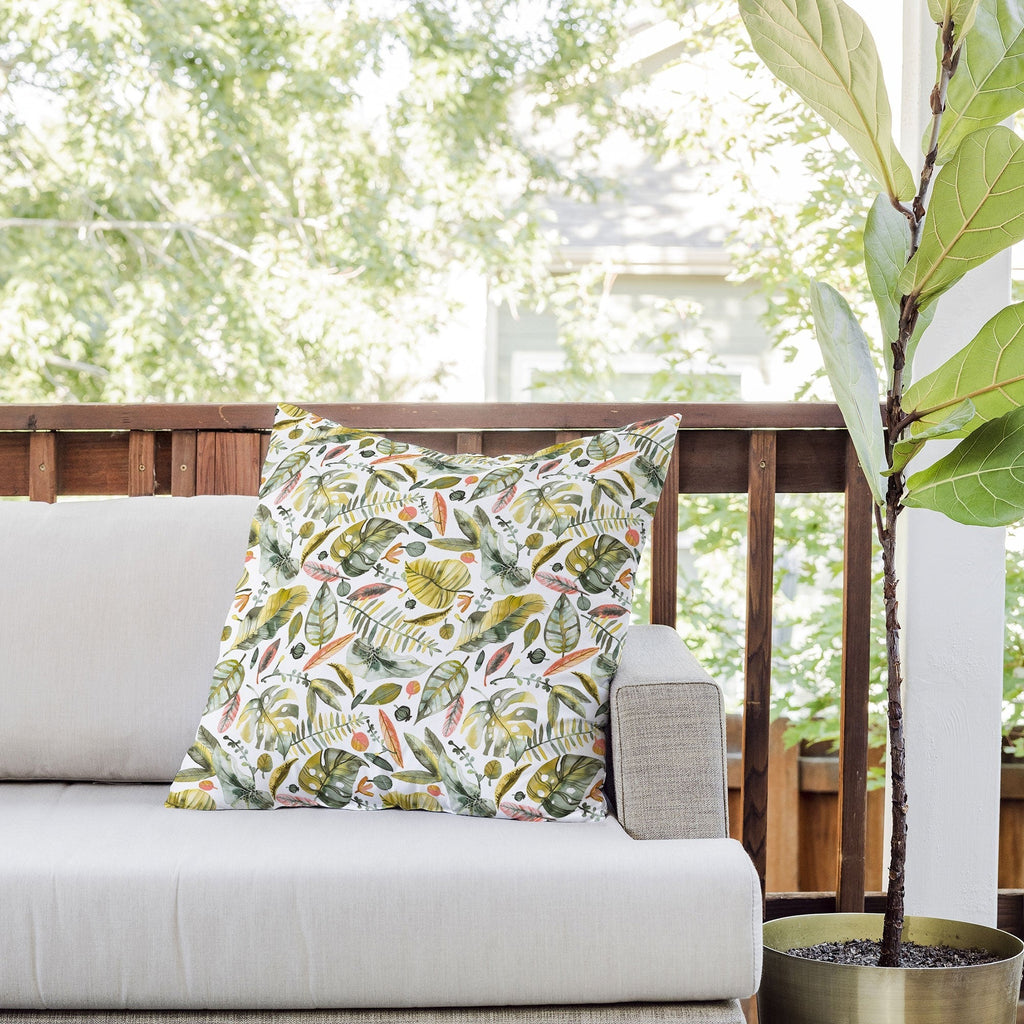 Ninola Design Botanic Retreat Tropical Jungle Leaves Botanical Green Orange Outdoor Throw Pillow