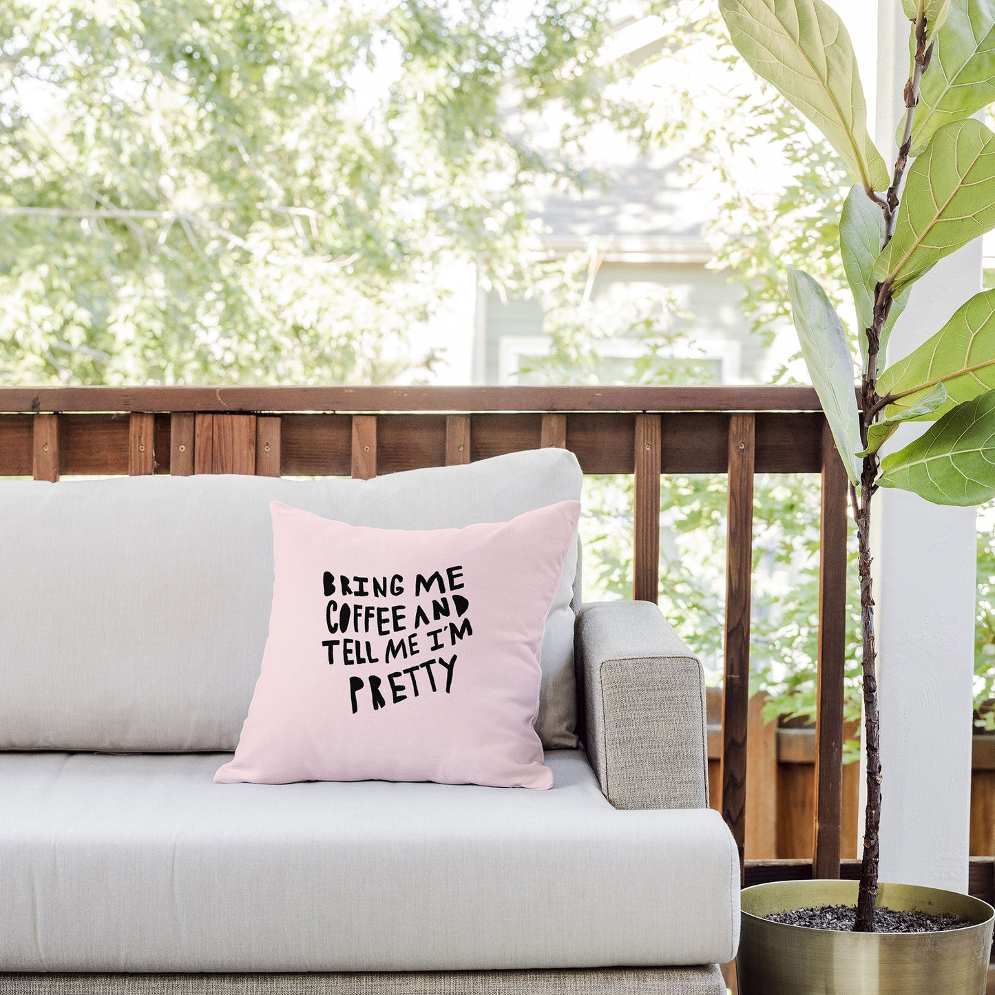 Allyson Johnson Bring me coffee pink Outdoor Throw Pillow
