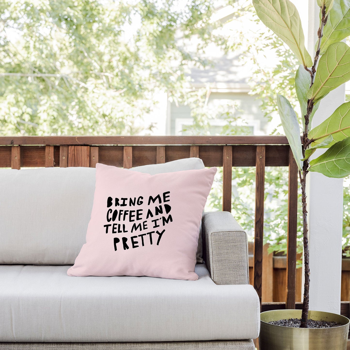 Allyson Johnson Bring me coffee pink Outdoor Throw Pillow