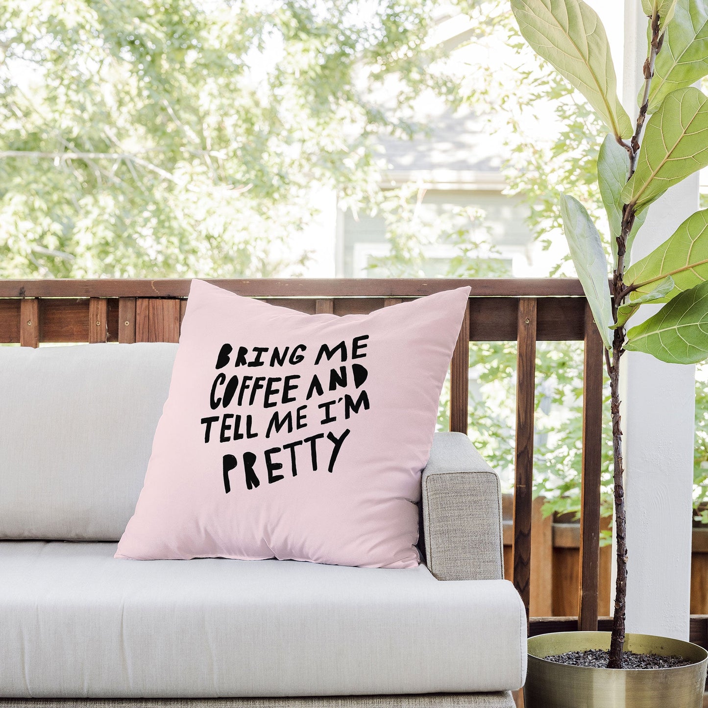 Allyson Johnson Bring me coffee pink Outdoor Throw Pillow