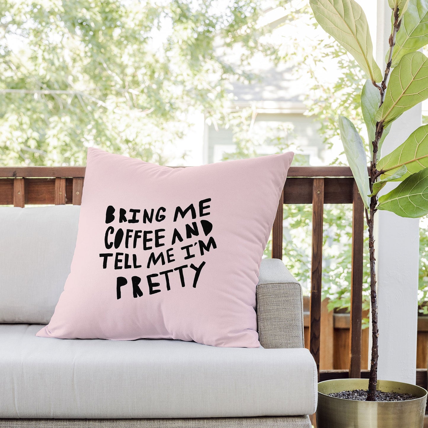 Allyson Johnson Bring me coffee pink Outdoor Throw Pillow