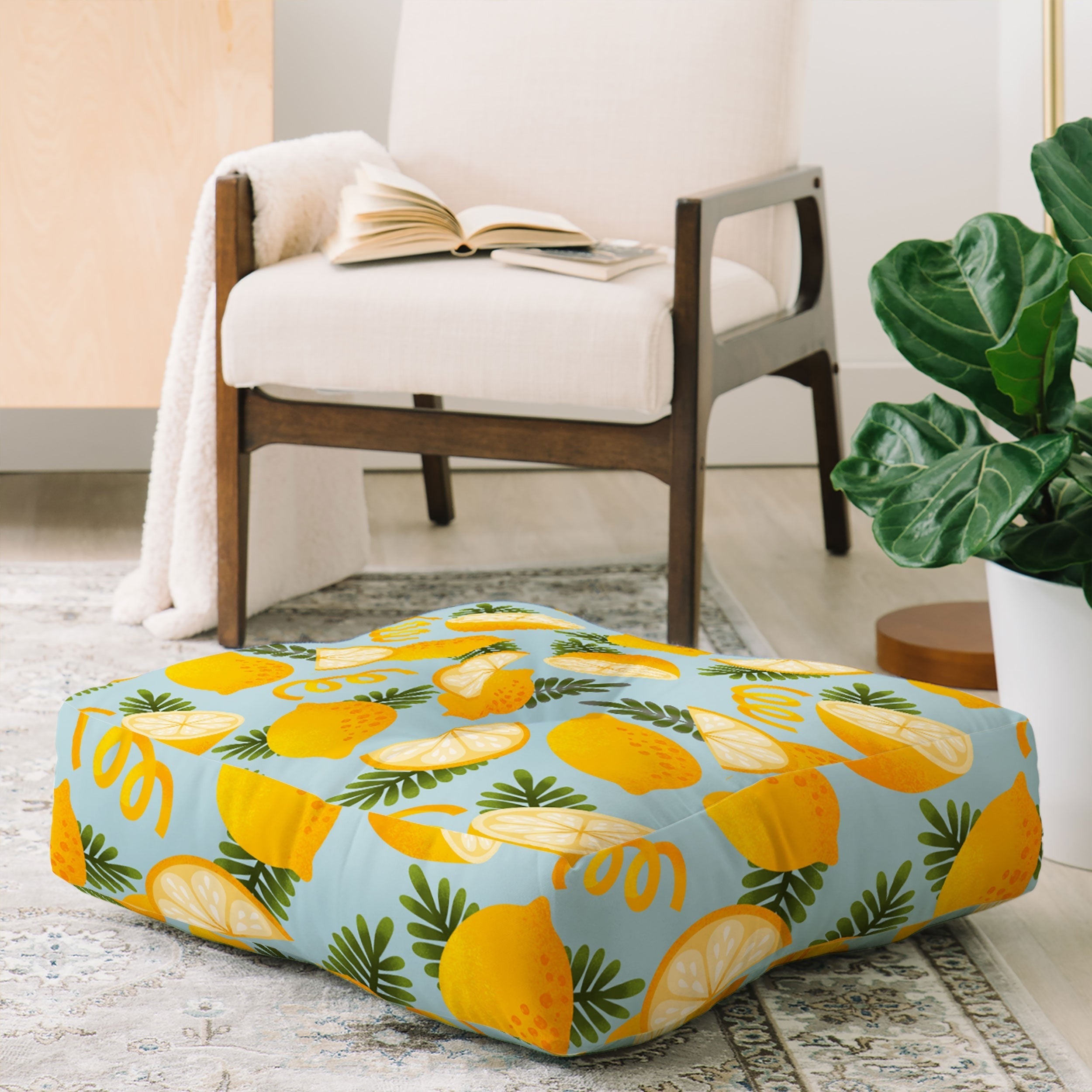 Jessica Molina Lemon Pattern on Sky Blue Floor Pillow Square