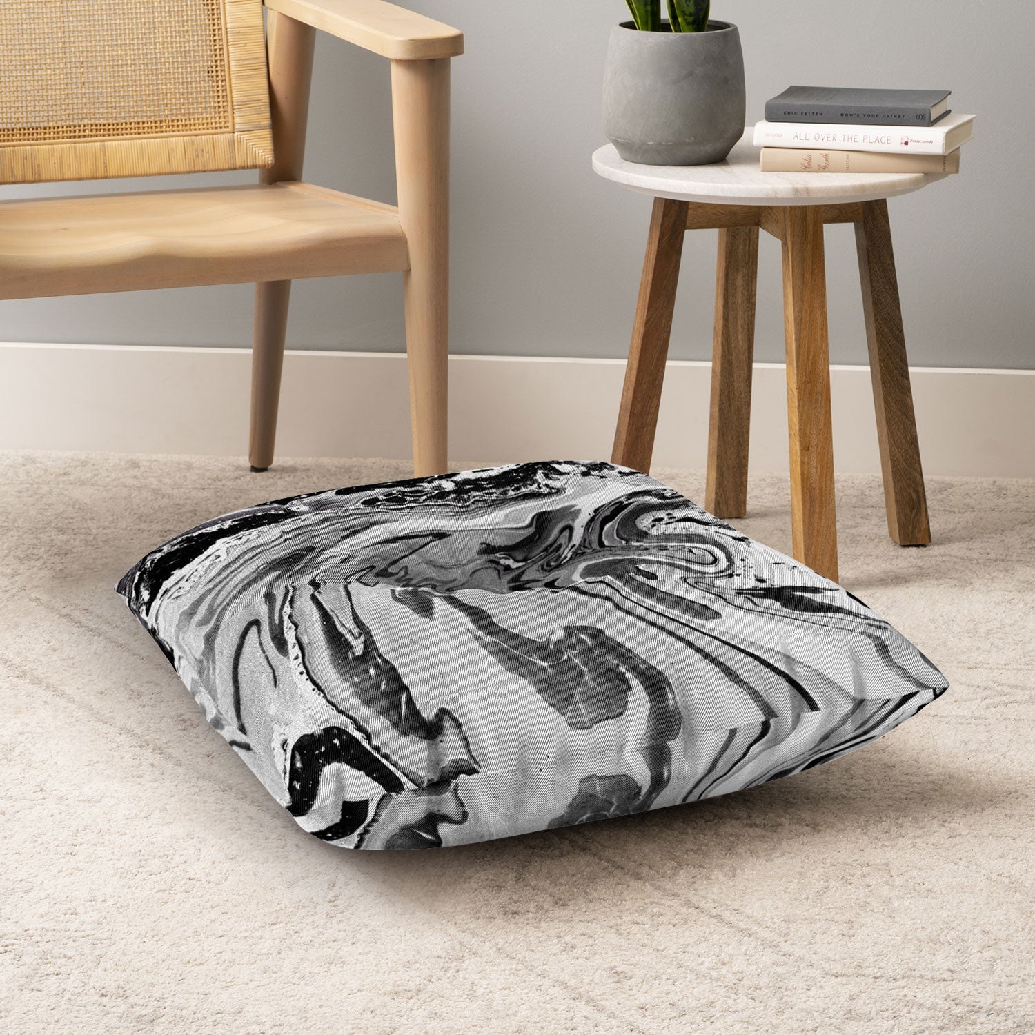 Amy Sia Marble Monochrome Black Floor Pillow Square