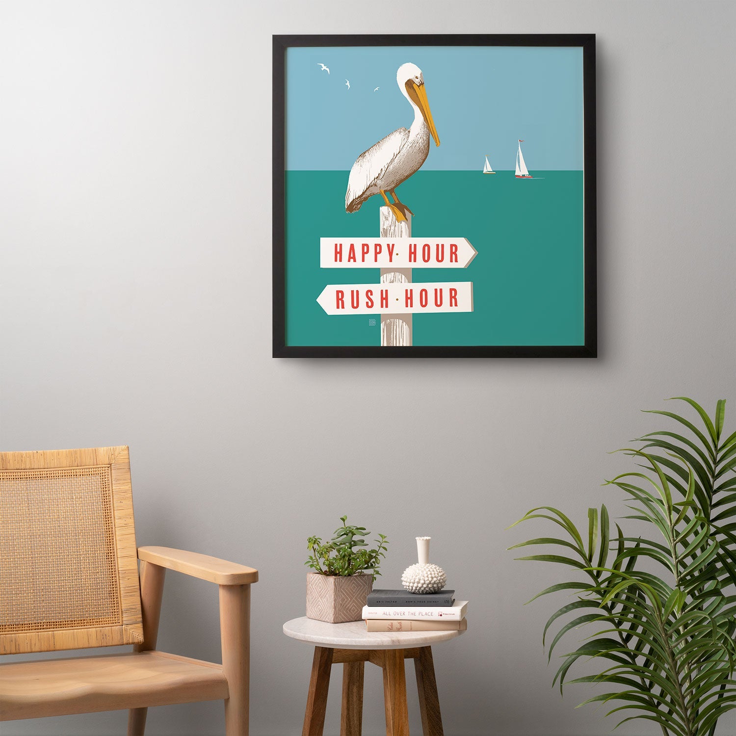 Anderson Design Group Pelican On Rush Hour Happy Hour Sign Framed Wall Art
