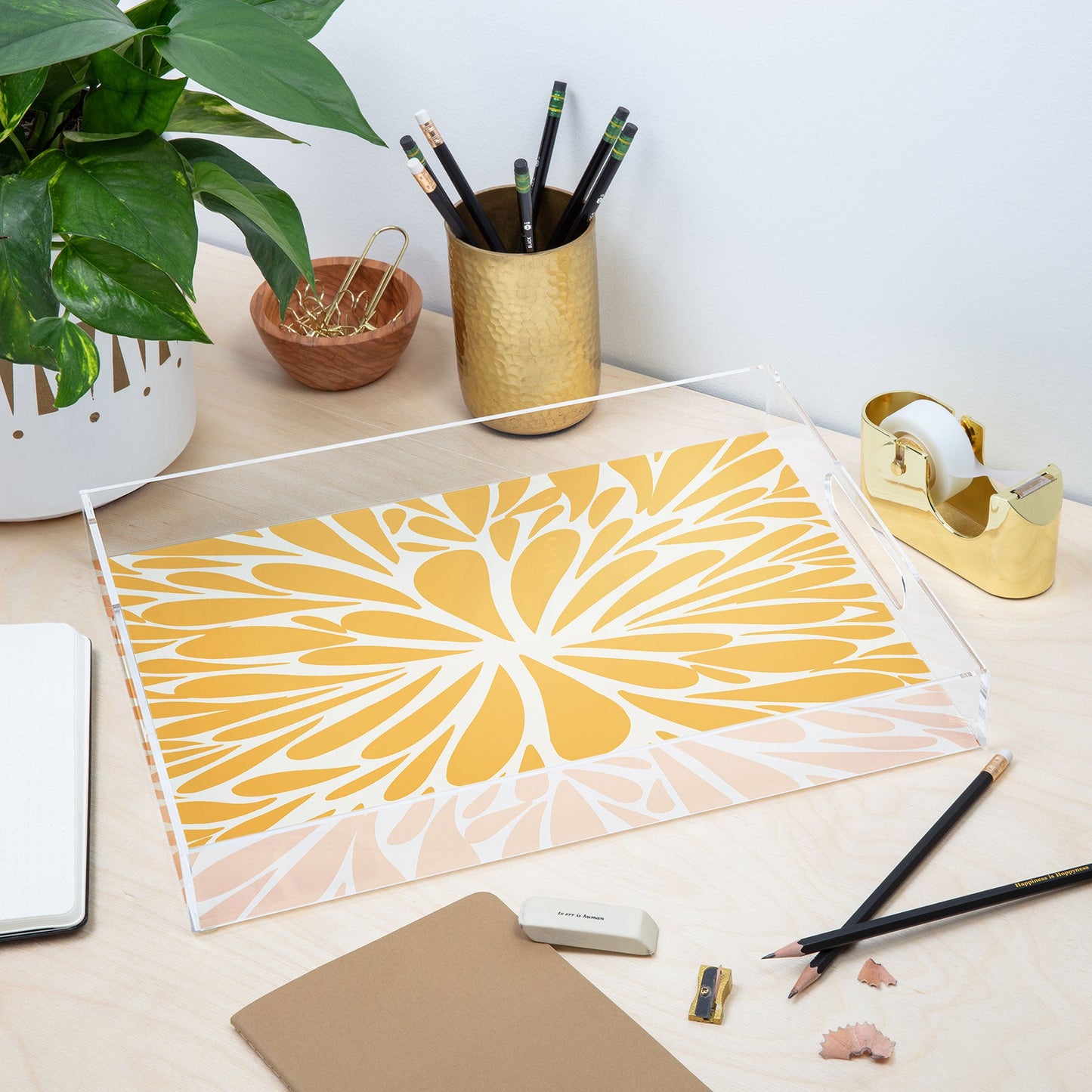 Angela Minca Yellow pastel floral burst Acrylic Tray
