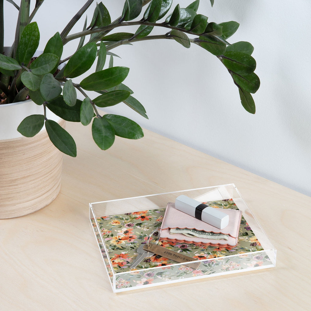 Ninola Design Botanic Retreat Floral Oleander Whimsical Teal Green Acrylic Tray