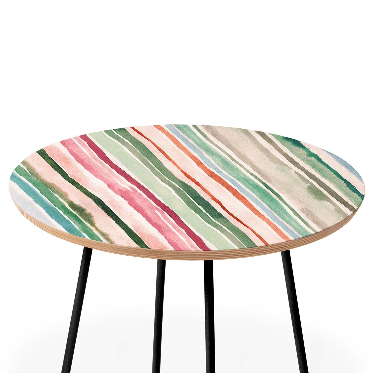 Ninola Design Botanic Retreat Watercolor Stripes Green Orange Red Round Side Table