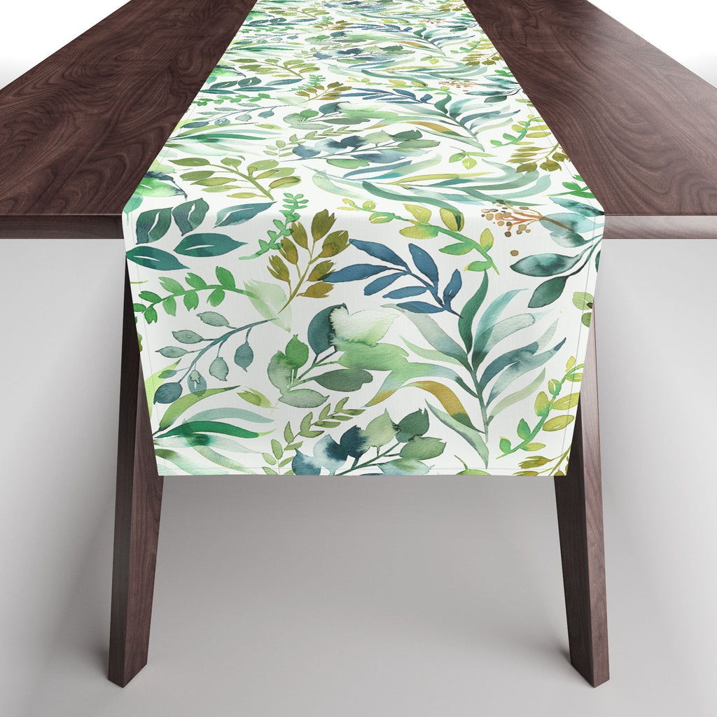 Ninola Design Botanic Retreat Loose Botanical Leaves Watercolor Green Table Runner