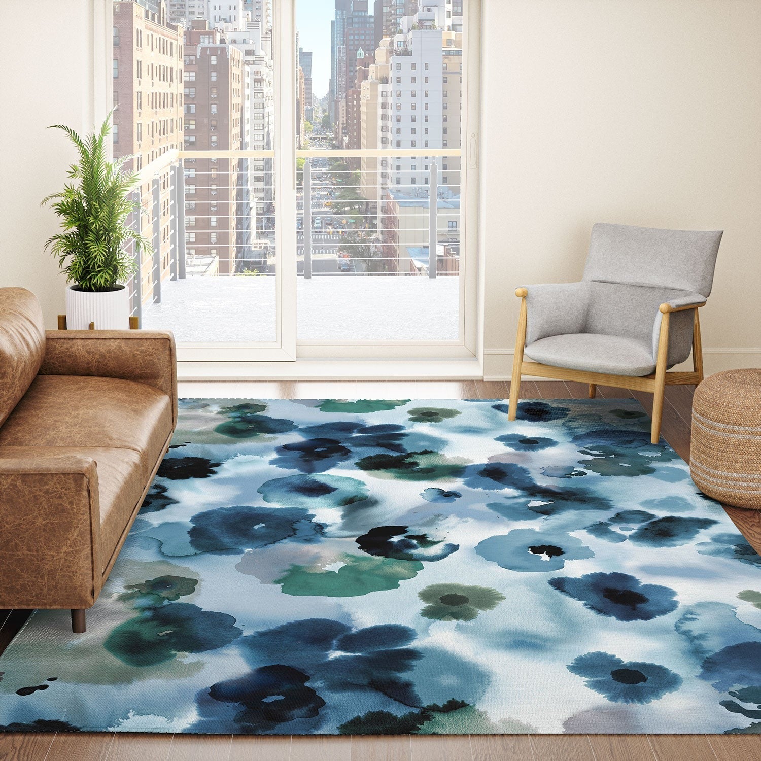 Ninola Design Botanic Retreat Ombre Abstract Watercolor Flowers Blue Navy Area Rug