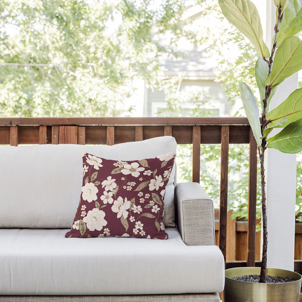 Gabriela Fuente Burgundy Floral Roberta Outdoor Throw Pillow