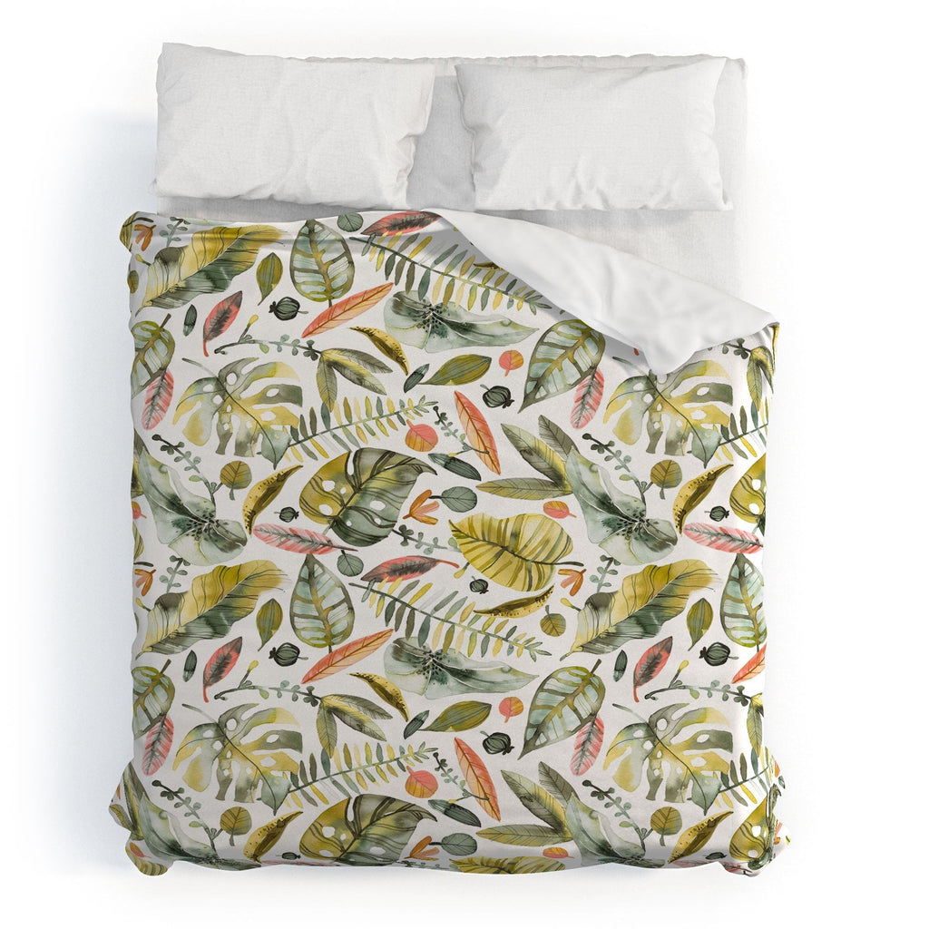 Ninola Design Botanic Retreat Tropical Jungle Leaves Botanical Green Orange Duvet Cover