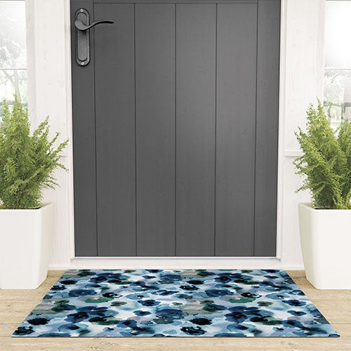 Ninola Design Botanic Retreat Ombre Abstract Watercolor Flowers Blue Navy Welcome Mat