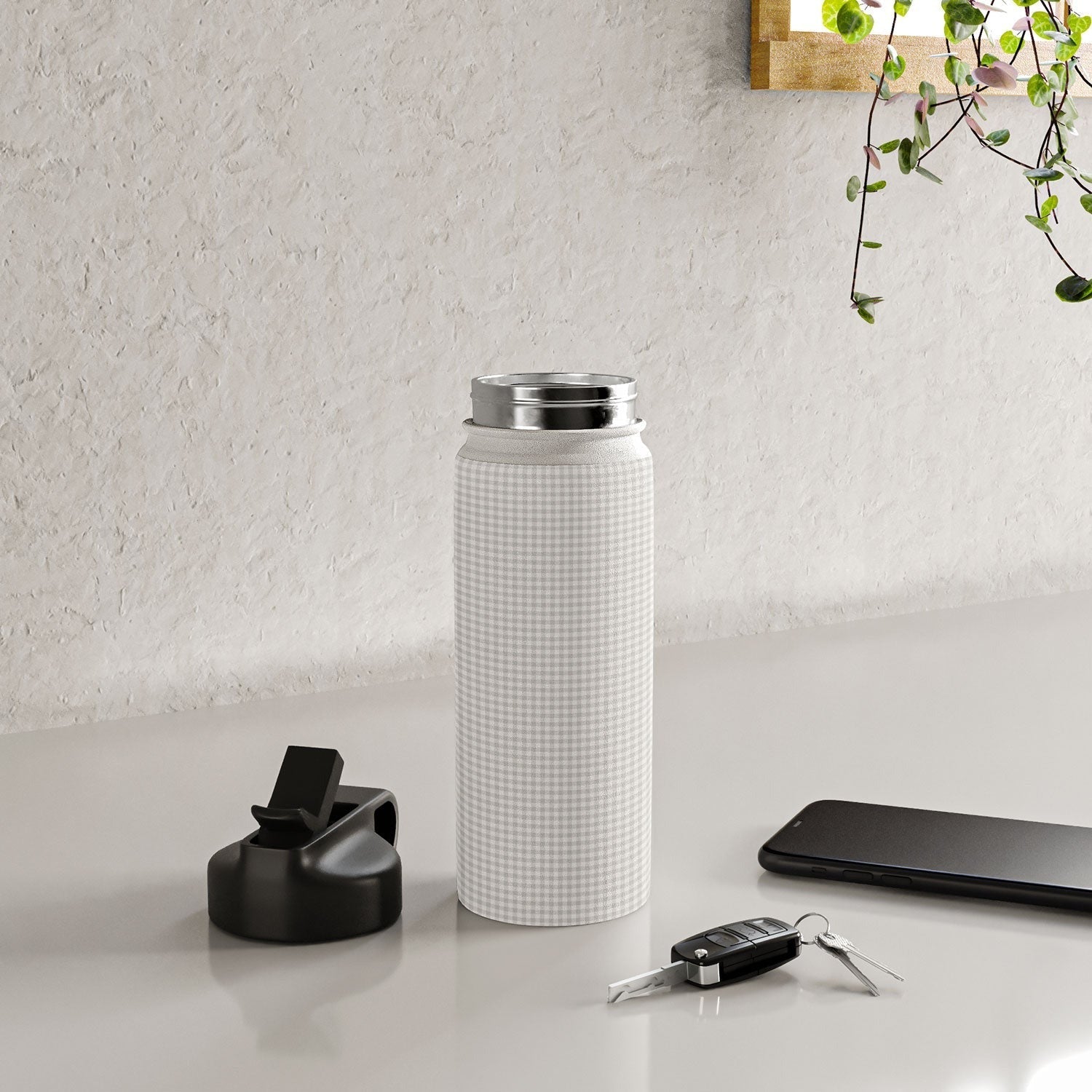 Colour Poems Gingham Plaid Pattern Cloud White Water Bottle