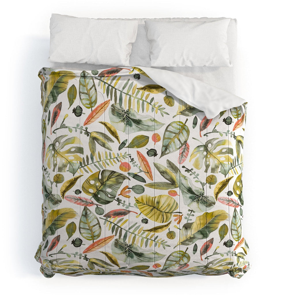Ninola Design Botanic Retreat Tropical Jungle Leaves Botanical Green Orange Comforter