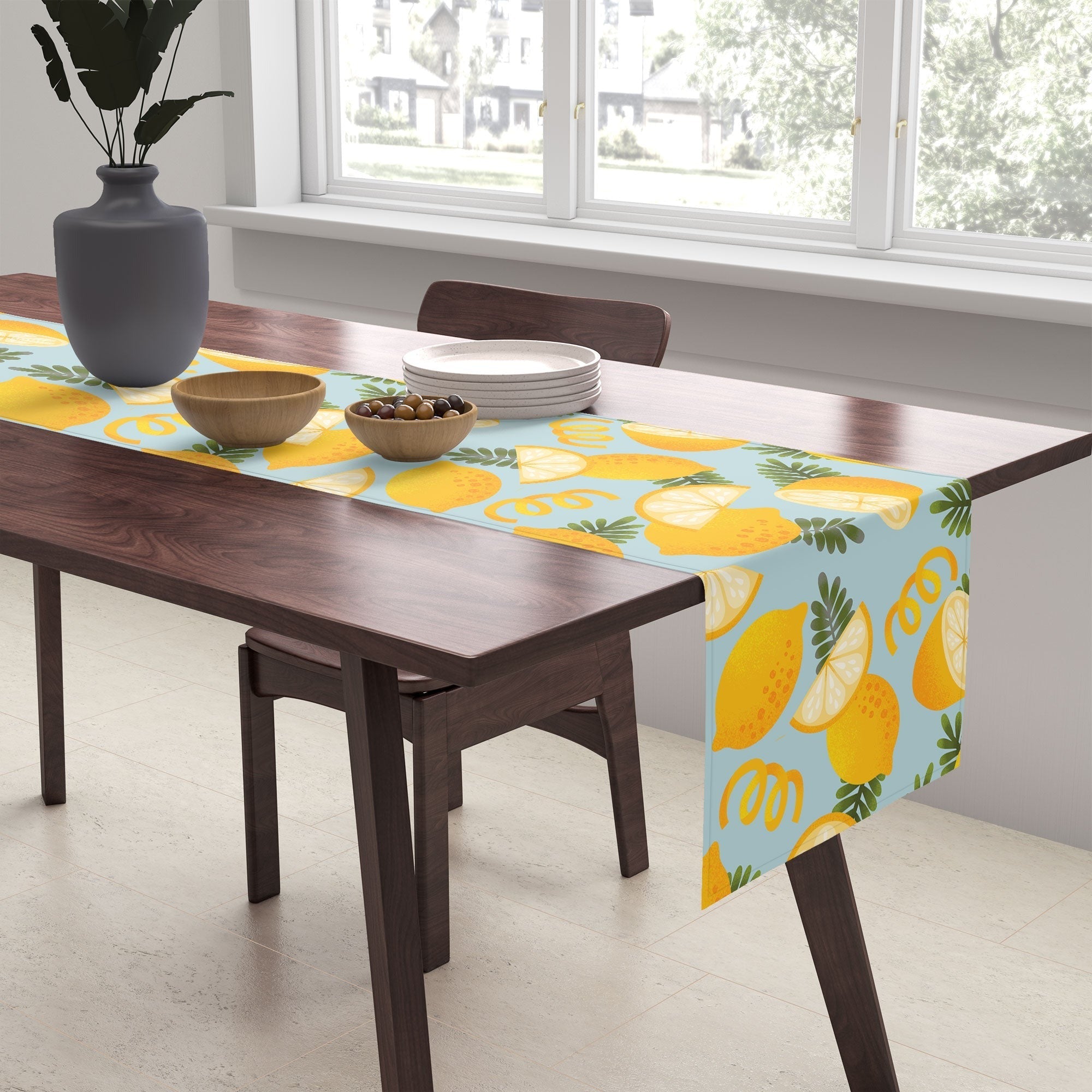 Jessica Molina Lemon Pattern on Sky Blue Table Runner