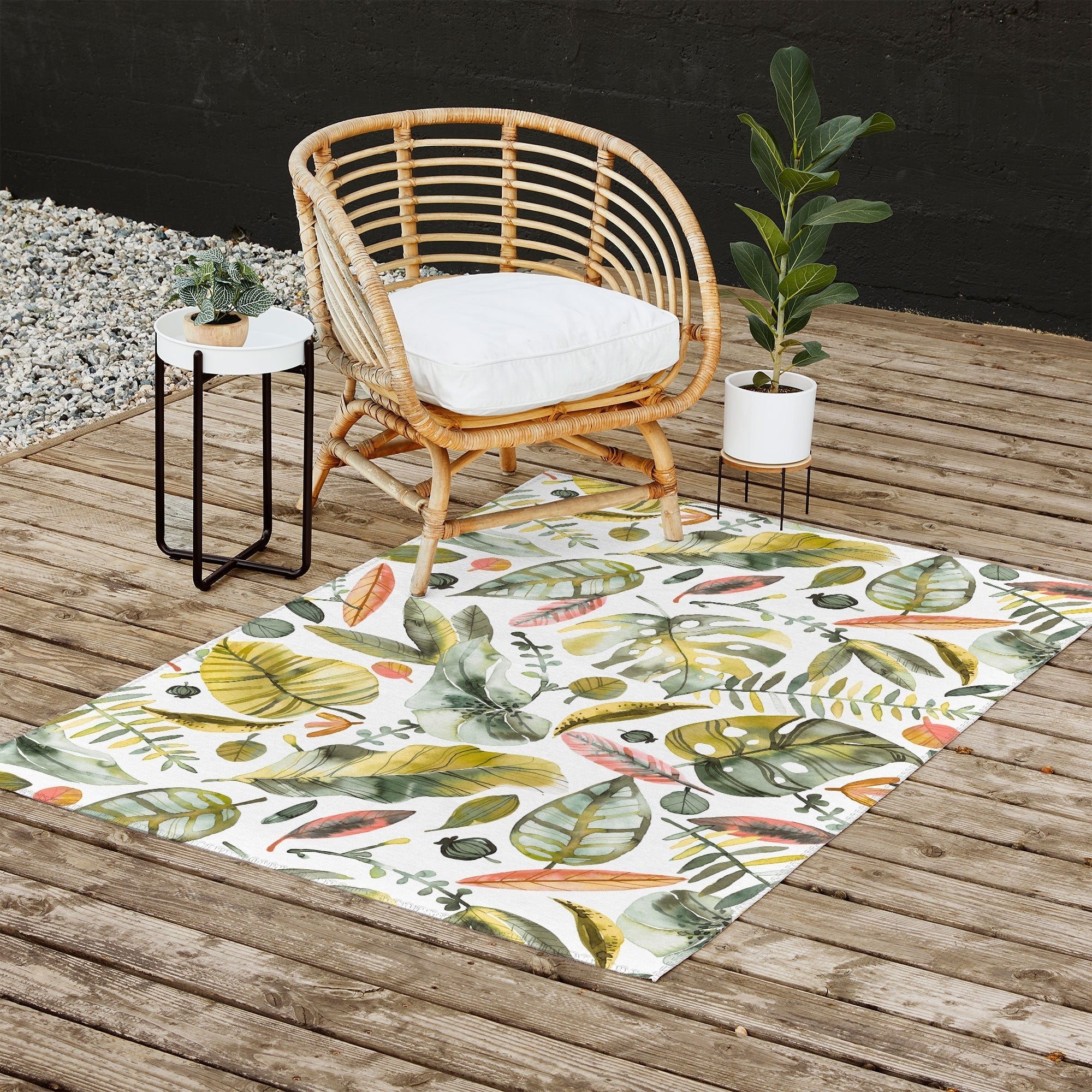Ninola Design Botanic Retreat Tropical Jungle Leaves Botanical Green Orange Outdoor Rug