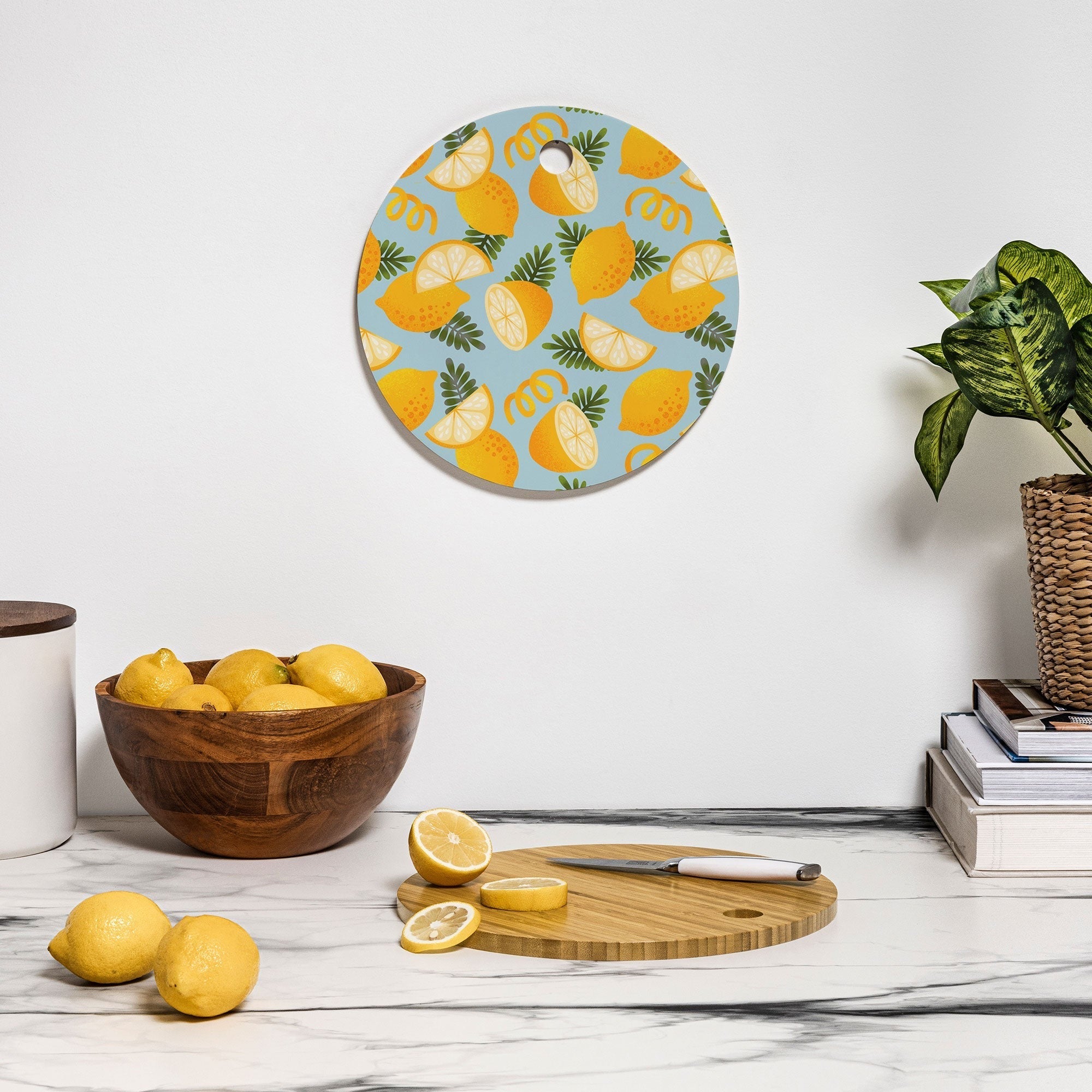 Jessica Molina Lemon Pattern on Sky Blue Cutting Board Round