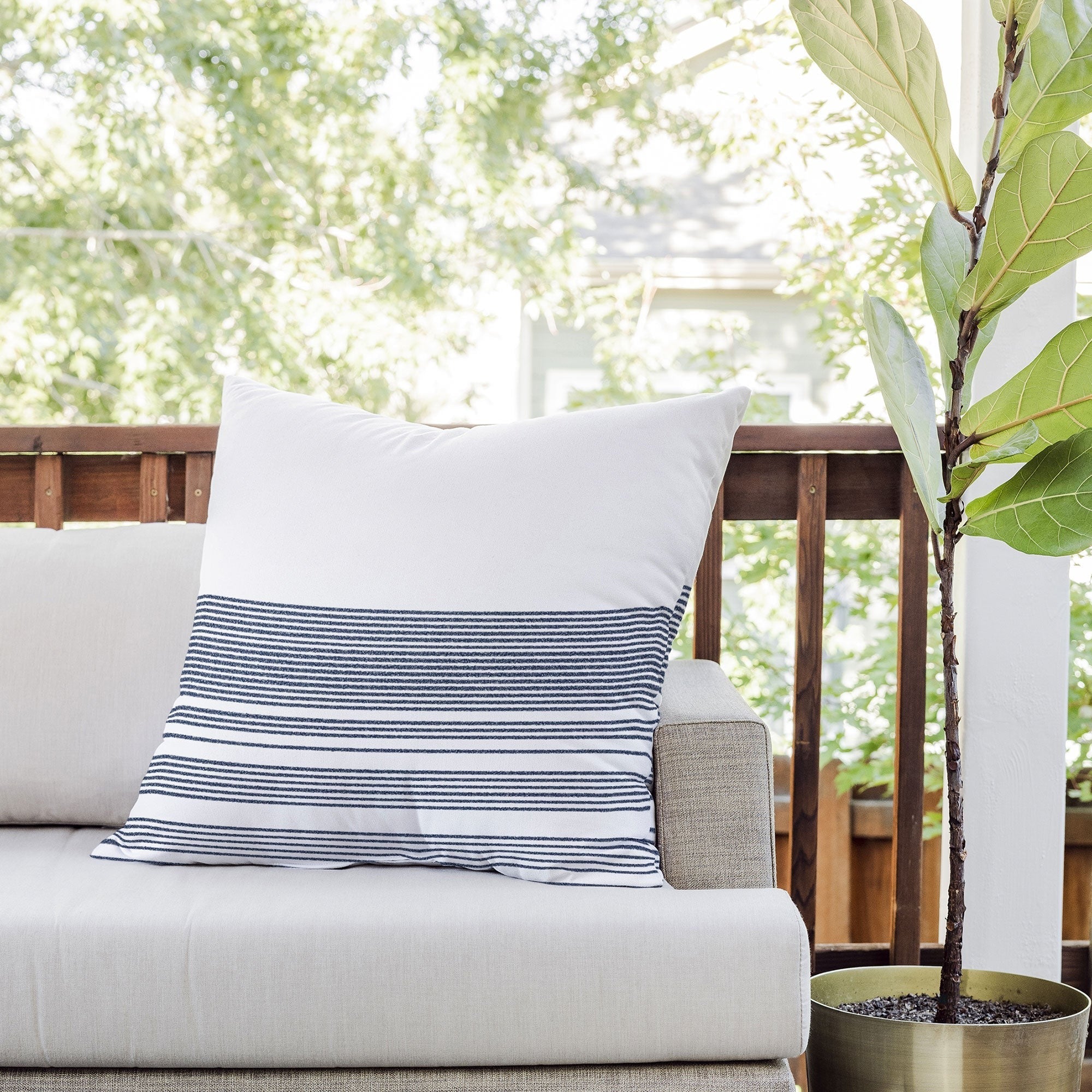 Kierkegaard Design Studio organic stripes naut navy blue and white Outdoor Throw Pillow