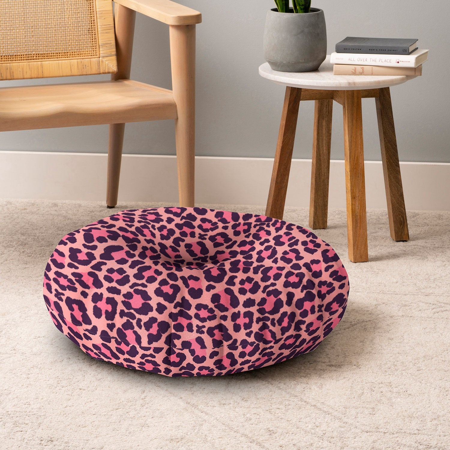 Avenie Leopard Print Coral Pink Floor Pillow Round