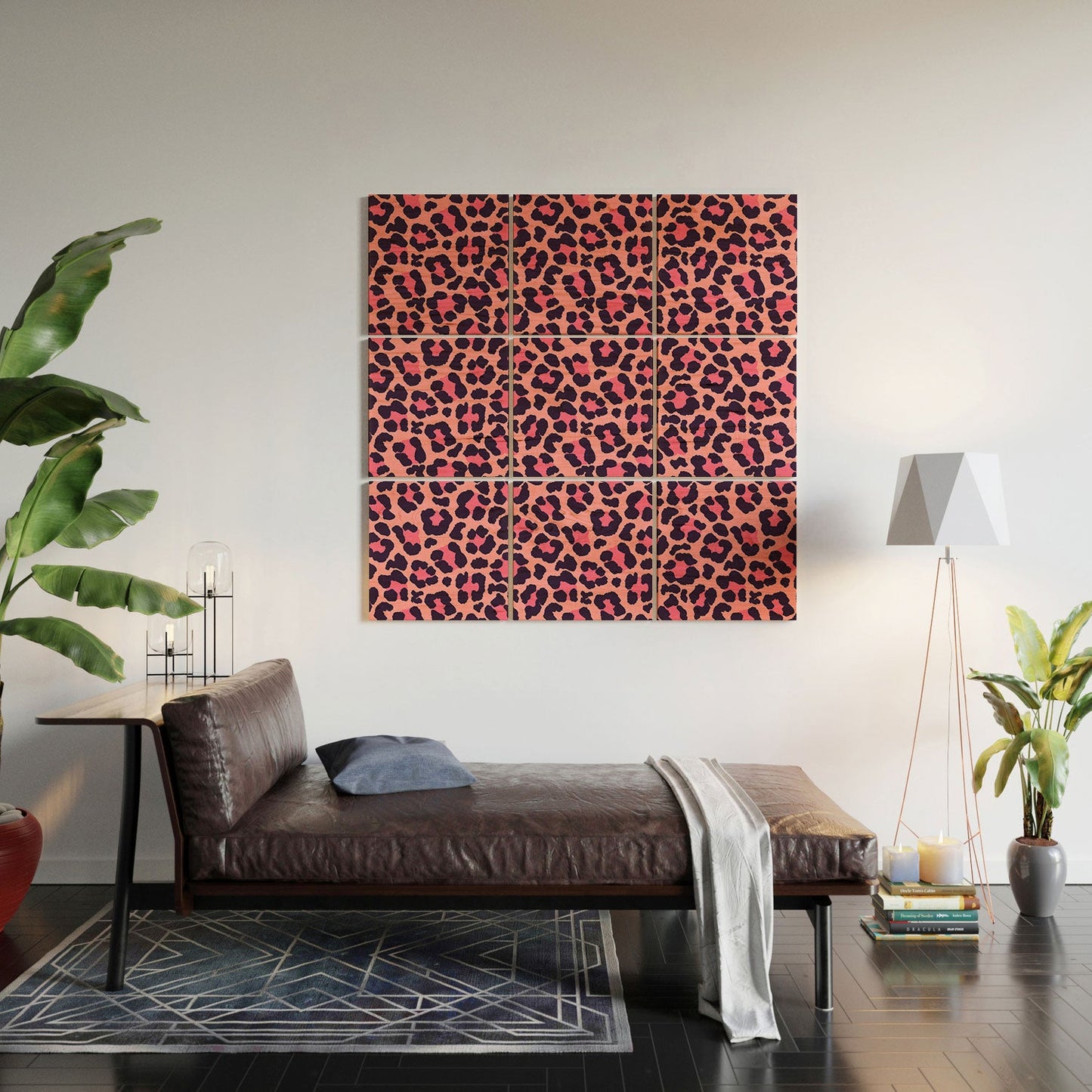 Avenie Leopard Print Coral Pink Wood Wall Mural
