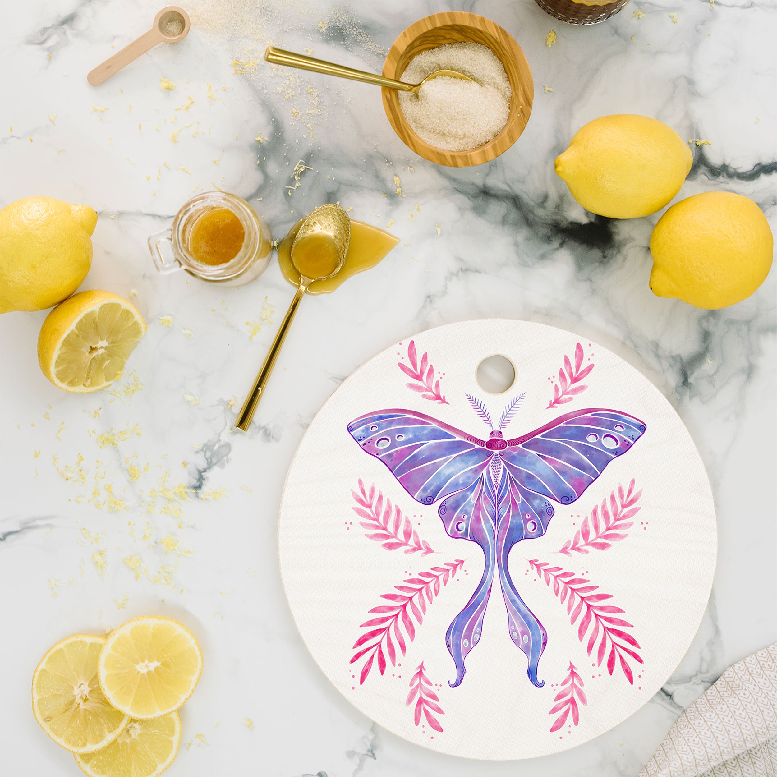 Avenie Luna Moth Blue Violet Cutting Board Round