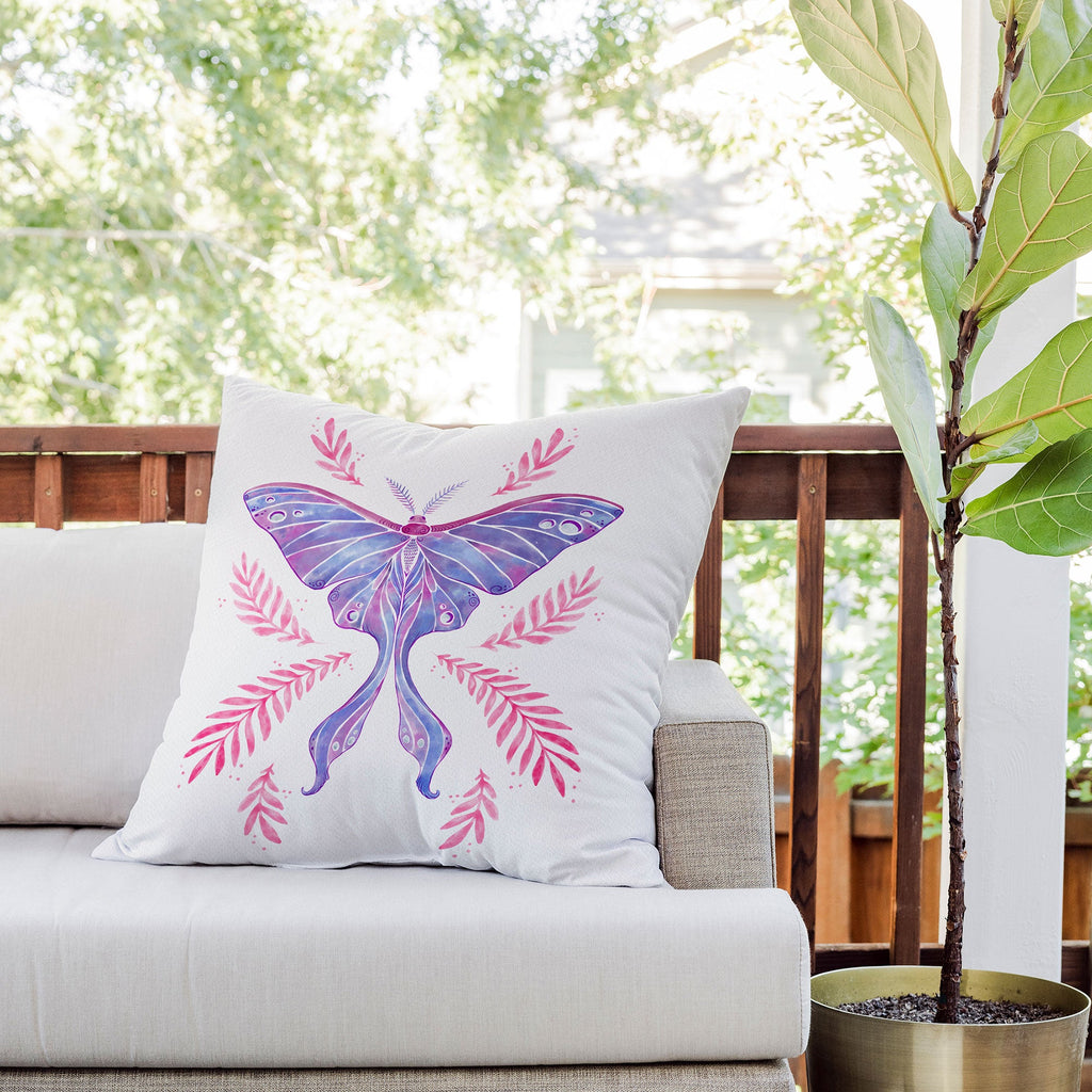 Avenie Luna Moth Blue Violet Outdoor Throw Pillow