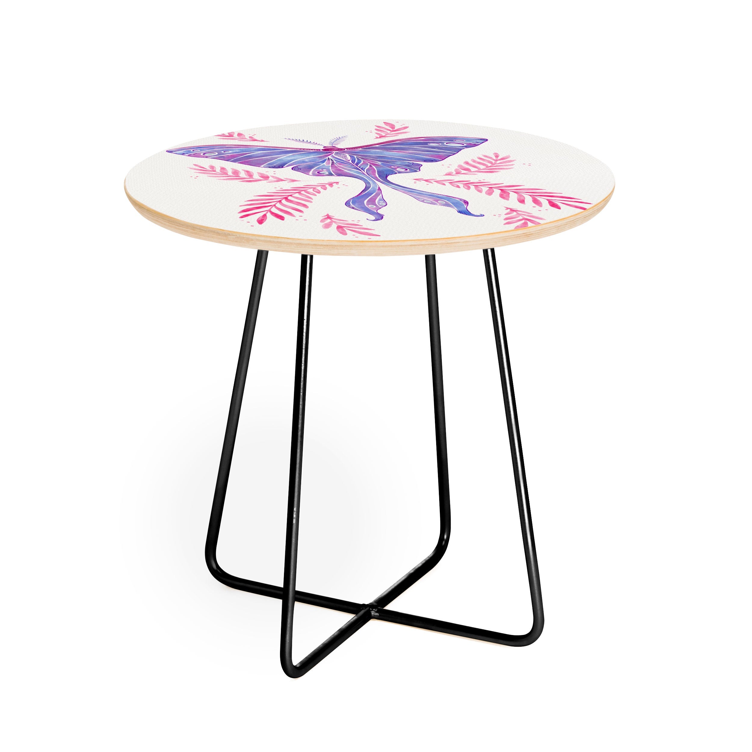 Avenie Luna Moth Blue Violet Round Side Table