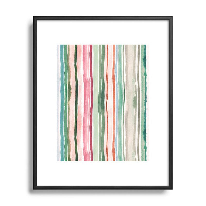 Ninola Design Botanic Retreat Watercolor Stripes Green Orange Red Metal Framed Art Print