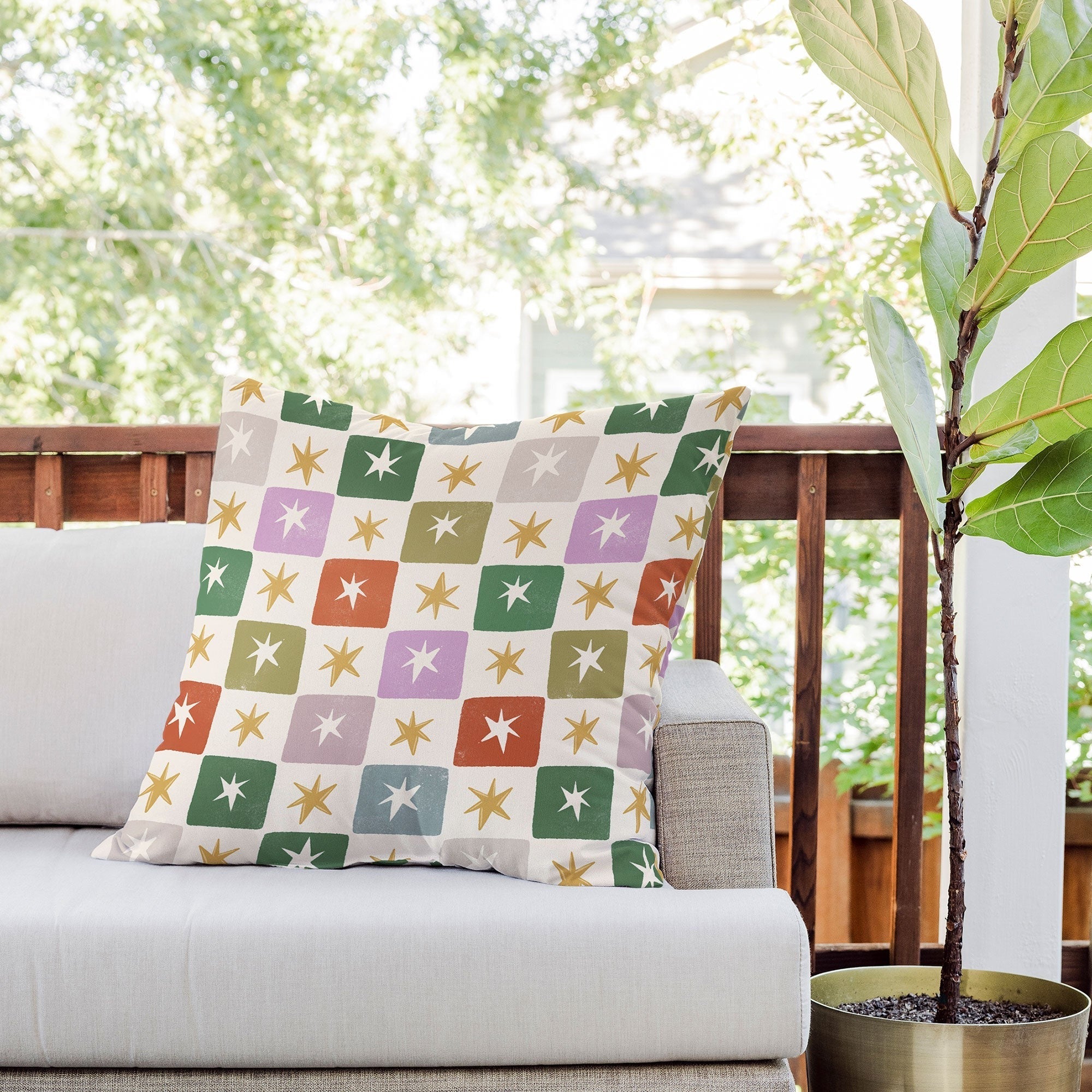 LouBruzzoni Retro Star Block Pattern Outdoor Throw Pillow