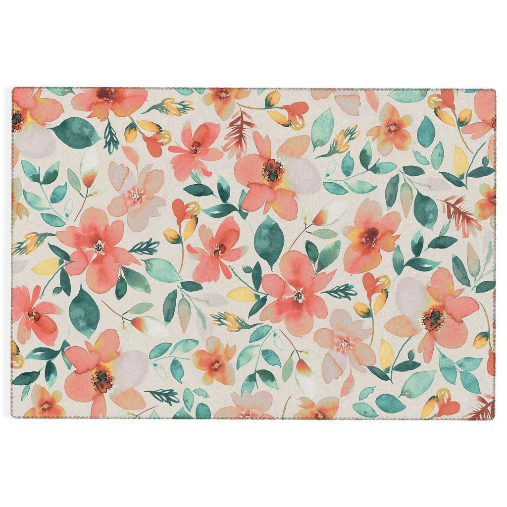 Ninola Design Botanic Retreat Tropical Whimsical Flowers Coral Green Outdoor Rug