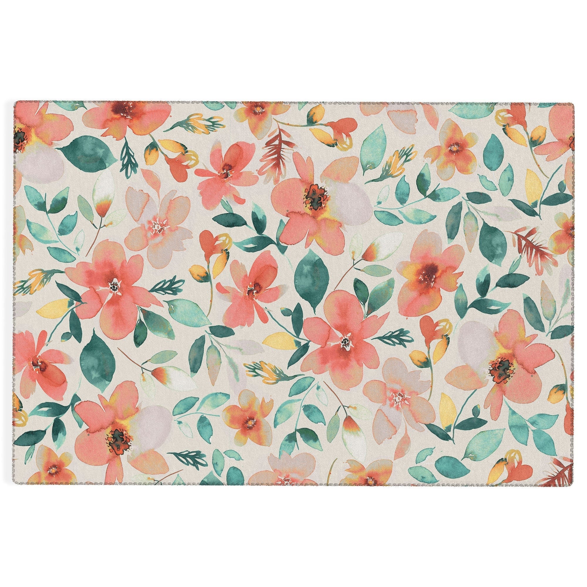 Ninola Design Botanic Retreat Tropical Whimsical Flowers Coral Green Outdoor Rug