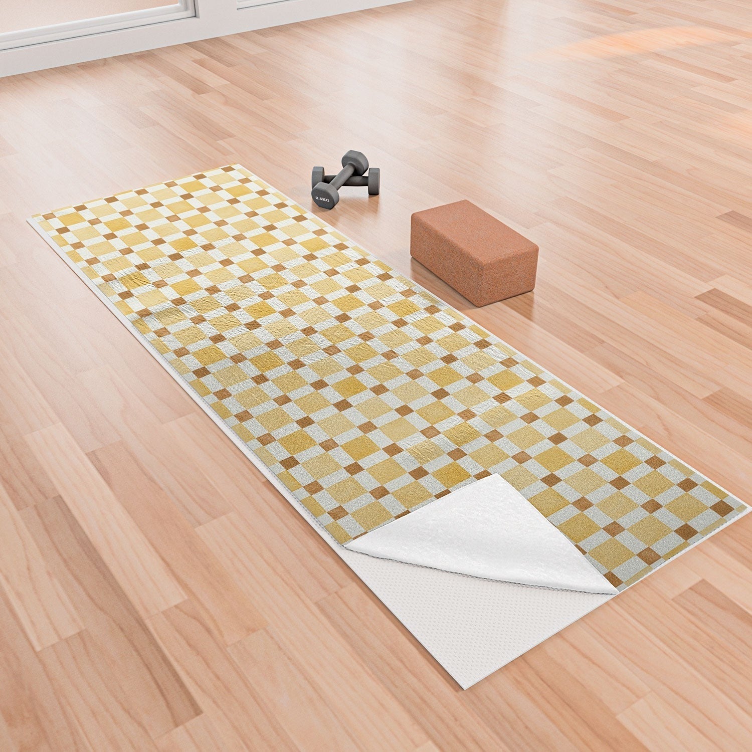 Ninola Design Everyday Artifact Checker Mosaic Tiles Geometry Yellow Yoga Towel