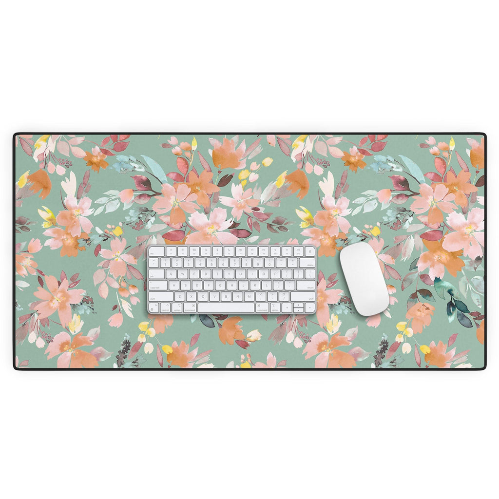Ninola Design Botanic Retreat Floral Oleander Whimsical Teal Green Desk Mat
