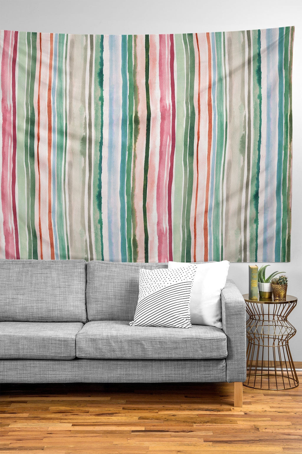 Ninola Design Botanic Retreat Watercolor Stripes Green Orange Red Tapestry