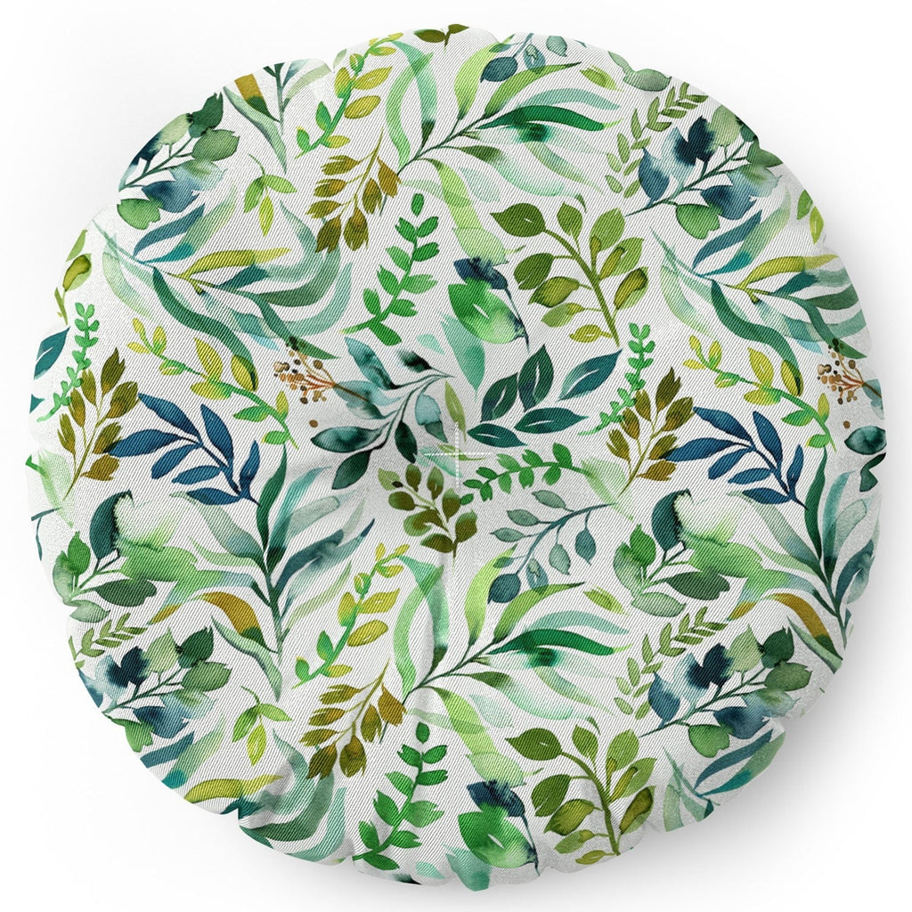 Ninola Design Botanic Retreat Loose Botanical Leaves Watercolor Green Floor Pillow Round