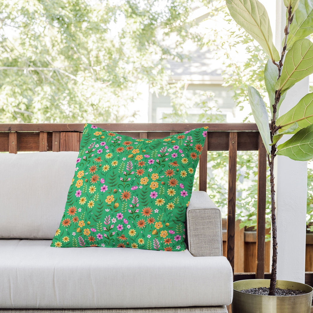 Pimlada Phuapradit Ditsy Spring Floral Green Outdoor Throw Pillow