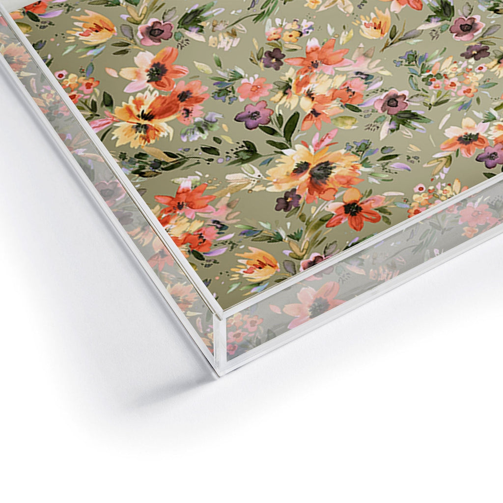 Ninola Design Botanic Retreat Painterly Tropical Flowers Sage Green Acrylic Tray