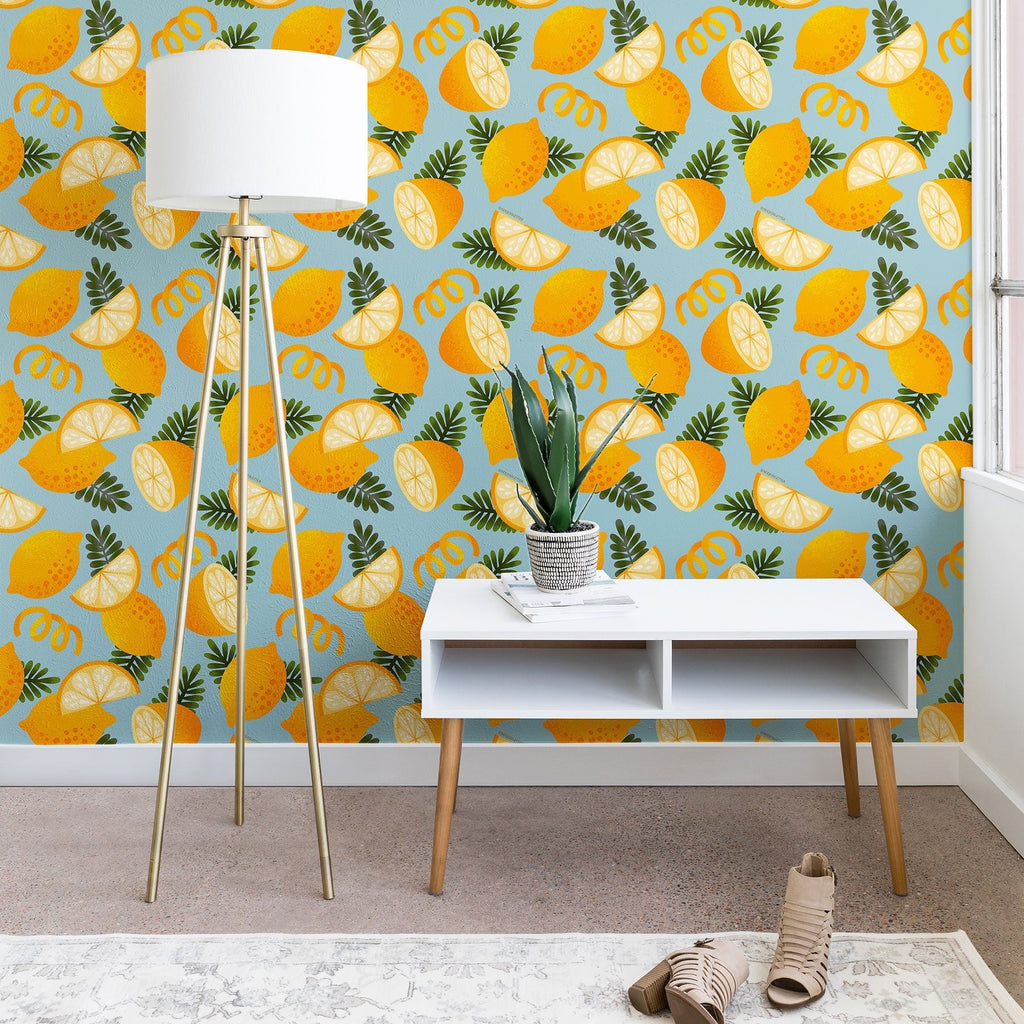 Jessica Molina Lemon Pattern on Sky Blue Wallpaper