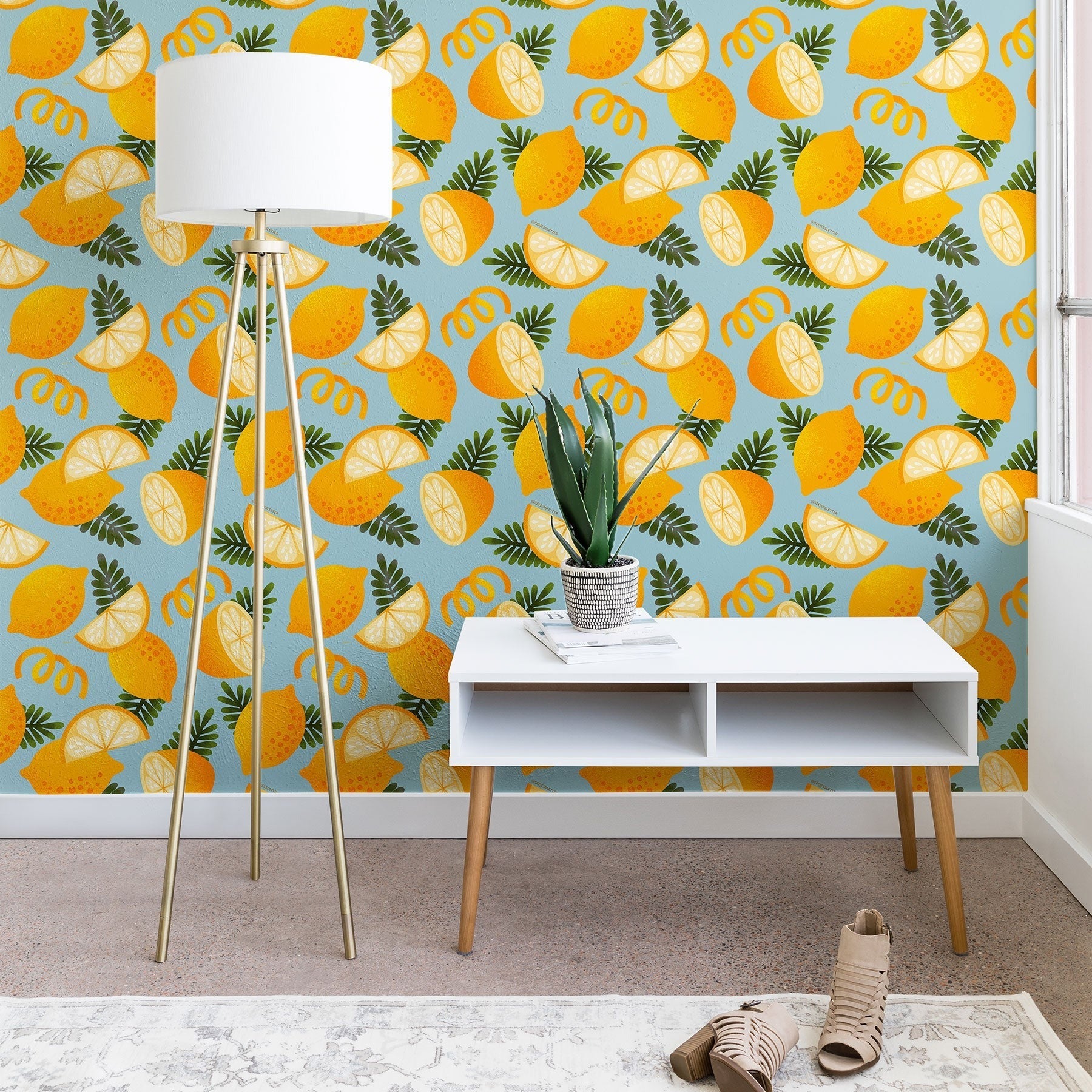 Jessica Molina Lemon Pattern on Sky Blue Wallpaper